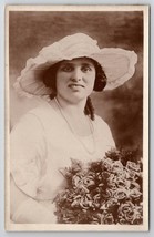 RPPC Lovely Edwardian Woman Large Hat And Bouquet Of Roses Portrait Postcard M27 - £5.49 GBP