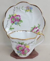 Vintage Salisbury Crown China Floral Teacup &amp; Saucer Gold Rim Swirl England 1917 - £15.96 GBP