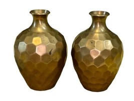 Vintage Pair Solid Brass Geometric Vase 5.75&quot; Tall Made in India MCM Hammered - £23.88 GBP