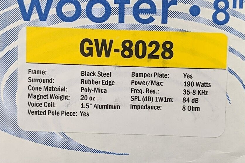 Goldwood Sound GW-8028 Surround 8&quot; Woofer 190 Watts 8 Ohm Speaker Black Rubber  			