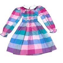 Vintage Girls Long Sleeve Plaid Dress With White Collar &amp; Belted Waist 4 - $621.08 MXN