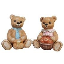 Homco Bear Figurines Pair Boy Honey Blue Tie Girl Apple Basket Pink Dress 1405 - £4.19 GBP