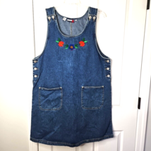 J.L. N.Y. Denim Jumper Dress 1X Floral Embroidered Pockets 100% Cotton V... - £22.48 GBP