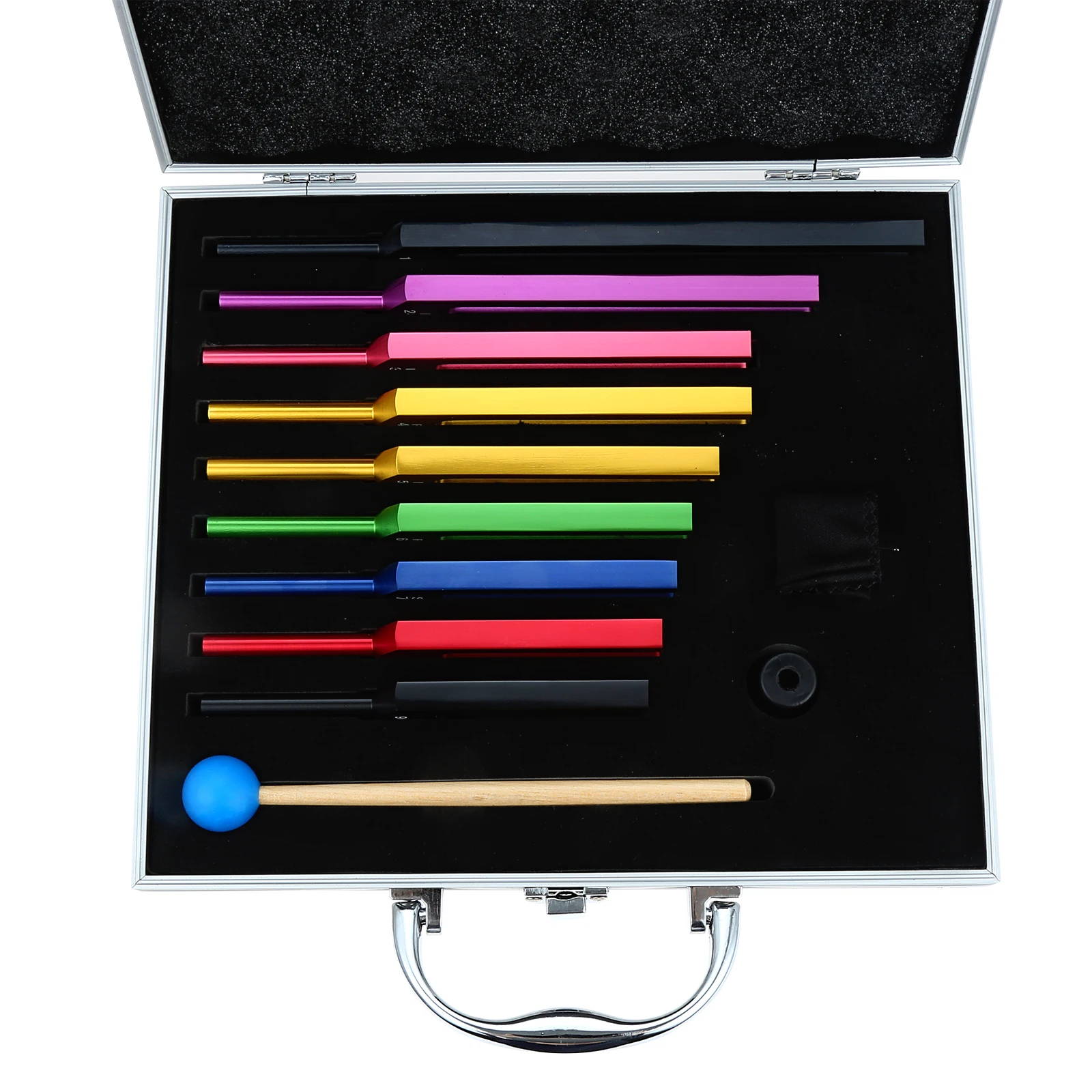 9pcs Colorful Aluminum Alloy Solfeggio Tuning Forks &amp; Hammer &amp; Box 174 /285/396/ - £150.70 GBP