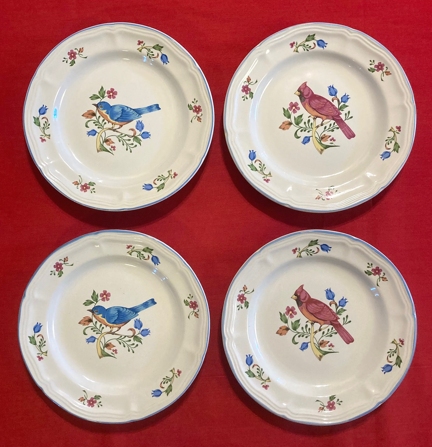 Vintage Tienshan bread or salad plates with birds cardinals bluebirds set of 4 - $12.00