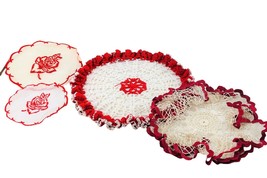 4 Red White Vintage Doilies  Cottagecore Handmade Crafts Snowflakes Farm... - $20.50