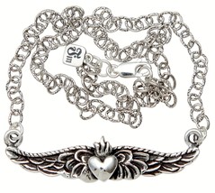 Sweet Winged Sacred Heart Fine Sterling Silver Necklace Pendant 925 Femme Metale - £102.26 GBP