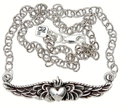 Sweet Winged Sacred Heart Fine Sterling Silver Necklace Pendant 925 Femme Metale - $130.00