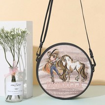 Round Satchel Bag, Howdy, Cowgirl and Horse, Red Hair Brown Eyes, Personalised - £27.93 GBP