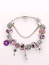 Simil Pandora charm bracelets,pink charm bracelet, paris charm,tour Eiff... - £14.94 GBP