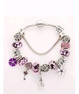 Simil Pandora charm bracelets,pink charm bracelet, paris charm,tour Eiff... - $19.00