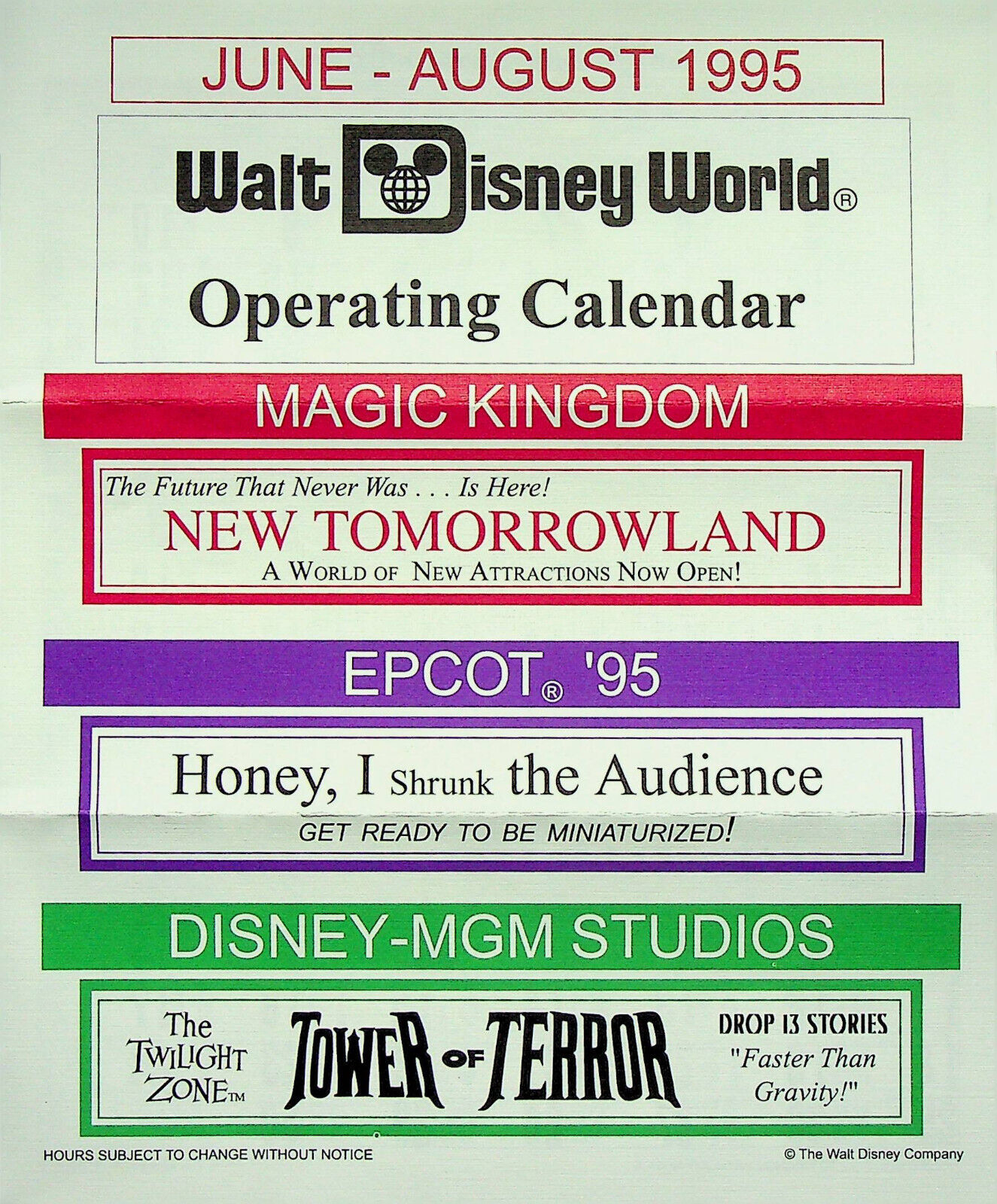 Walt Disney World Operating Calendar - June-Aug 1995 - $18.69