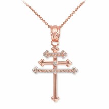 14k Solid Rose Gold Diamond Maronite Aramaic Cross Pendant Necklace  - £133.69 GBP+