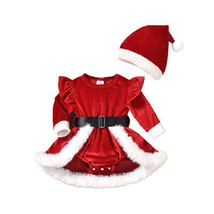 Winter Christmas Infant Baby Girls Velvet Bodysuit Dress with Hat, Long ... - £16.23 GBP