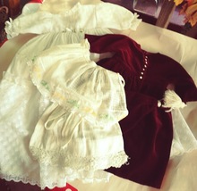 Vintage Baby Doll Clothes Lot Handmade 2 Dresses, Apron and half-slip. - £20.04 GBP