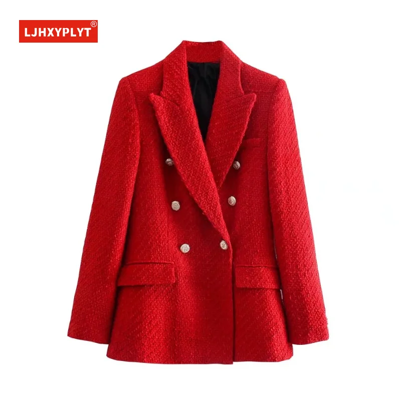Red Textured Double-Breasted Blazer Coat Women&#39;s Autumn and Winter  Retro Simple - £233.61 GBP