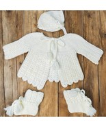 Handmade Infant Girl Crocheted Baby Set Sweater Hat Booties Soft White R... - $378.31 MXN
