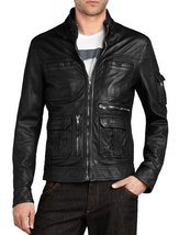 Mens Leather Jacket Black Flap Zipper Pockets Style Biker Leather Jacket - $169.99