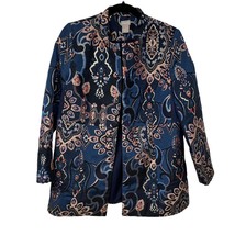 Chicos Blue Gold Metallic Brocade Mandarin Collar Blazer Jacket Women 0P/4P/SP - £52.38 GBP