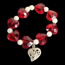 Romantic Red Hearts &amp; Faux Pearl Tone Beads Stretch Love Bracelet 7&quot; Valentines - £5.97 GBP