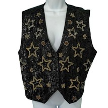 Vintage 90s Black Silver Gold Star Beaded Sequin Glam Snap Front Vest si... - $728.42 MXN