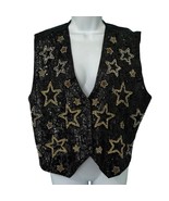 Vintage 90s Black Silver Gold Star Beaded Sequin Glam Snap Front Vest si... - $38.43
