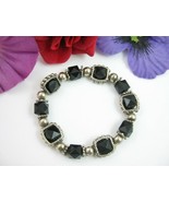 BLACK &amp; Silvertone BEADS Elastic Stretch BRACELET Vintage Beaded 6&quot; Unst... - $16.99