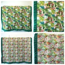 Vintage Baby Crib Quilt Green Nylon Binding 56x43 Garden Floral Reversible K3 - £19.14 GBP