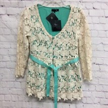 Ryu Womens Button Front Blouse Green Beige Floral 3/4 Sleeve Slit Crochet M New - £12.27 GBP