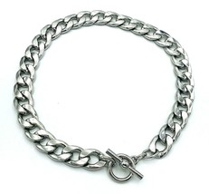 Silver Tone Heavy Curb Chain Necklace Toggle Clasp 17&quot; - £17.51 GBP