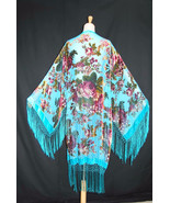 Art Deco Noveaux Teal Turq Victorian Roses Kimono Gypsy Boho Duster - $315.59 CAD