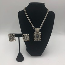 Vintage Bali Style Silver Tone Square Statement Necklace and Pierced Earring Set - £23.72 GBP