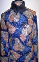 Dark Blue Beige Hologram Sequin  Dot Paisley Print Lycra Stretch Fabric By Yard - £12.86 GBP