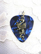 Deep Blue Guitar Pick &amp; Classic Curvy Usa Pewter Dragon Charm Pendant Necklace - £3.90 GBP