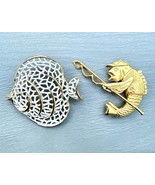 Lot of 2 vintage fish brooches– gold tone fish fishing/pole &amp; lattice fish - $14.99
