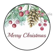 30 Merry Christmas Envelope Seals Labels Stickers 1.5&quot; Round Pine Cone Holly - £5.60 GBP