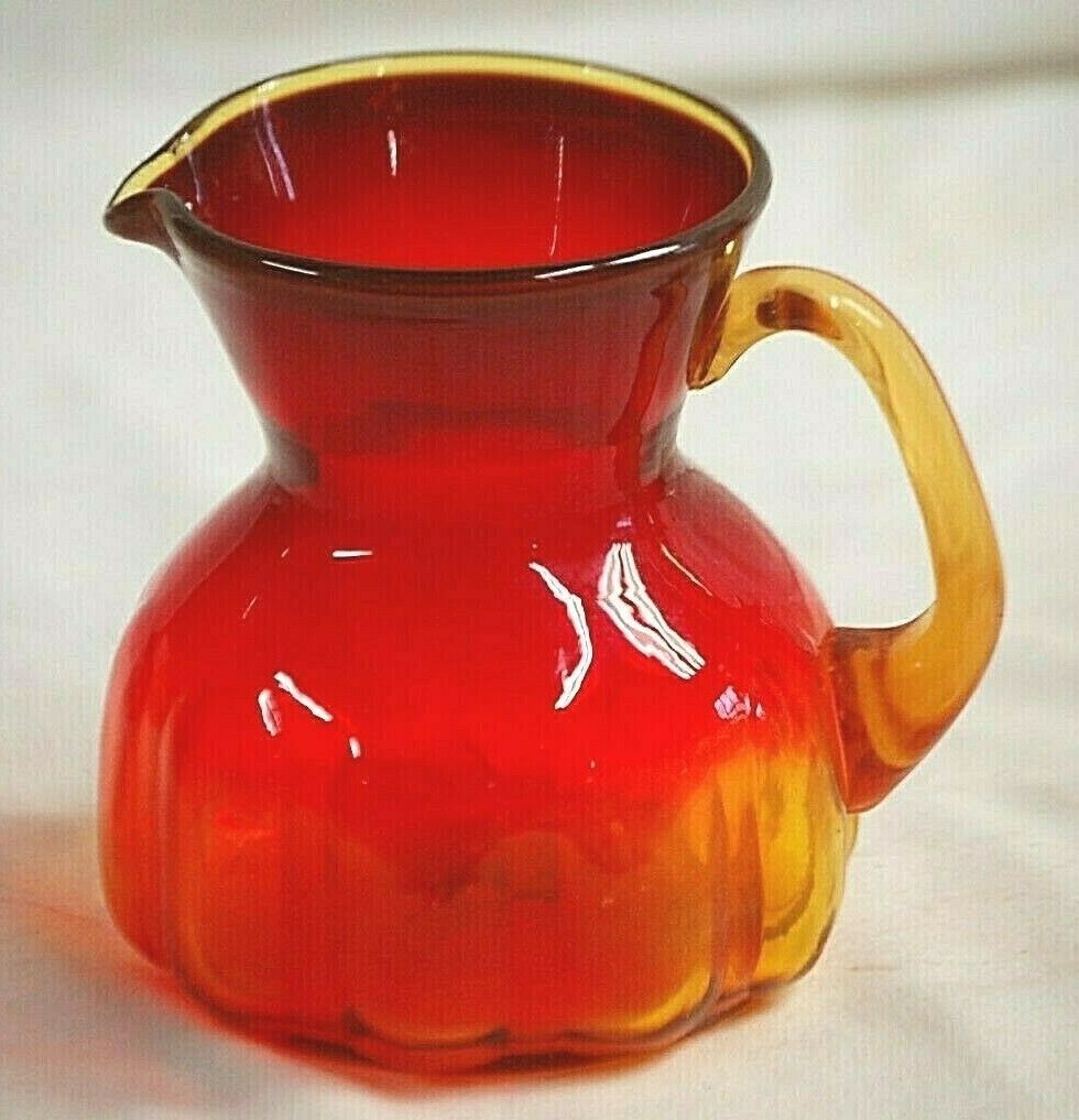 Primary image for Amberina Red Orange Art Glass Squat Pitcher Hand Blown Applied Handle Vntage MCM