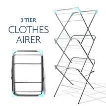 3 Tier Clothes Airer Rack Clothes Drying Racks 12M Foldable 20 Pegs Washing Line - £20.71 GBP
