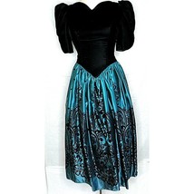 Vintage Jessica McClintock Black Velvet Green Satin Dress Poofy XS 70s 80s - £44.30 GBP