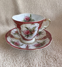 Vintage Lefton China Scarlet Heritage Rose Gold Teacup &amp; Saucer Hand painted - £21.13 GBP