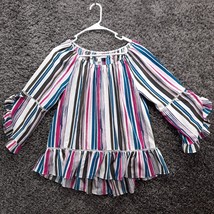 Fever Blouse Women Small White Stripe Multi Color Ruffle Sleeve Stretchy... - £5.34 GBP