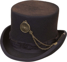 Distressed Steampunk WFSPB Black Unisex Wool Top Hat 5&quot; Crown High Wheel... - £66.86 GBP