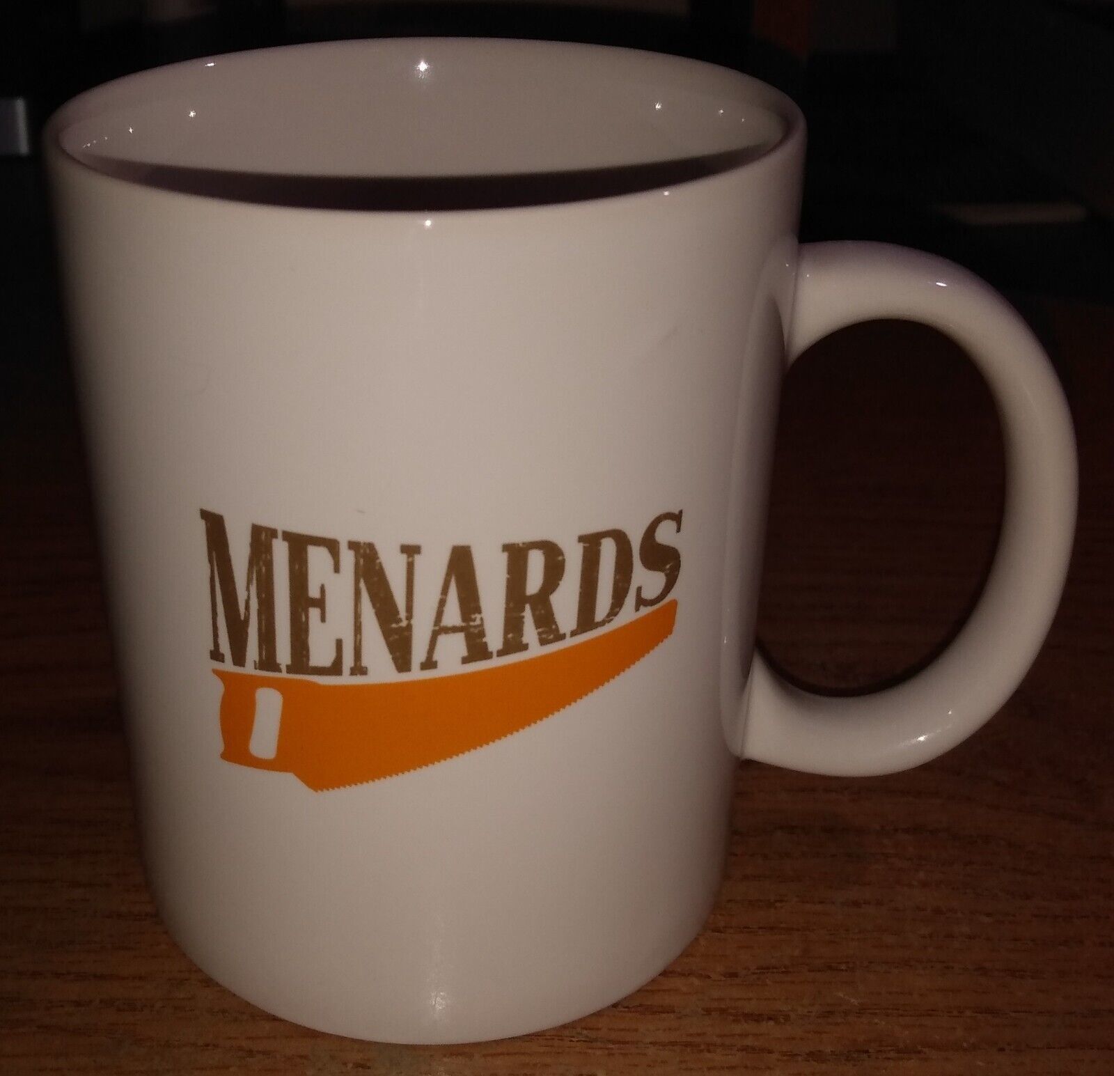 Vintage MENARDS Coffee Mug Off White Orange Saw - 12 Oz - $2.50