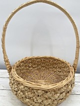 Vintage Large Round Bamboo Wicker Rattan Storage Basket in Natural W/Handle - $25.73
