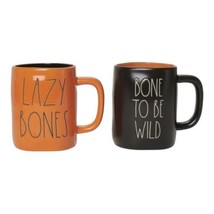 Rae Dunn Lazy Bones and Bone To be Wild Mug Set Orange/Black Halloween Gif NEW - £21.08 GBP