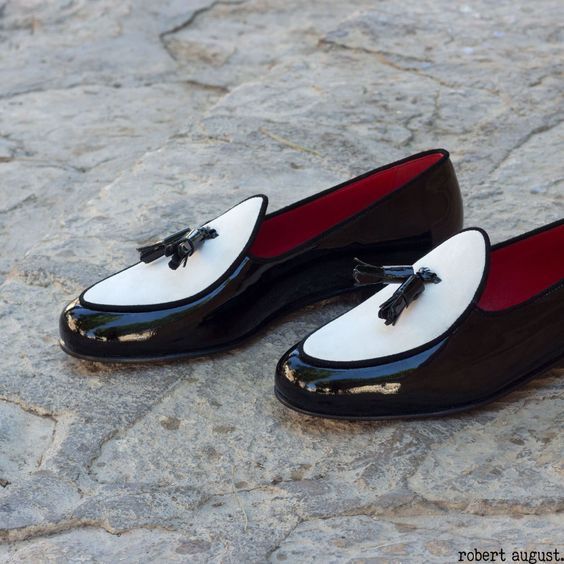 Handmade Black and white Glossy Mens Tassels Flats Loafers, Men's Flats loafer 2