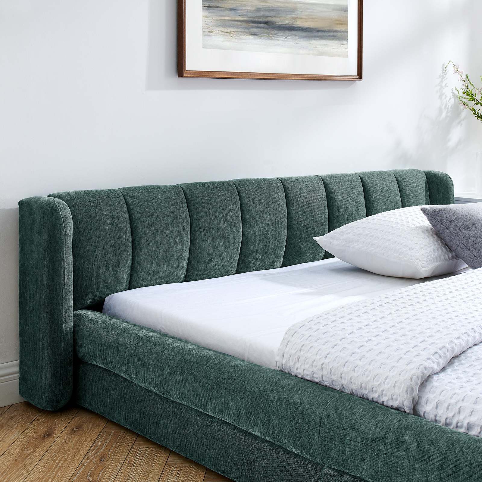 Modern Queen Upholstered Bed Frame, Chenille Blue-Green Headboard Item image 5