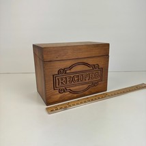 Vtg Brown Wooden Recipe Box Carved Front Hinged Lid Rectangle w Some Recipes - £14.93 GBP