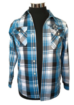 Helix Youth Boys Button Up Shirt Size Large Plaid Long Roll Tab Sleeve Pockets - £13.33 GBP