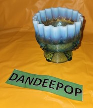 Vintage Northwood Button Panel Blue Opalescent Crimped Top Glass Candy Dish - £38.98 GBP